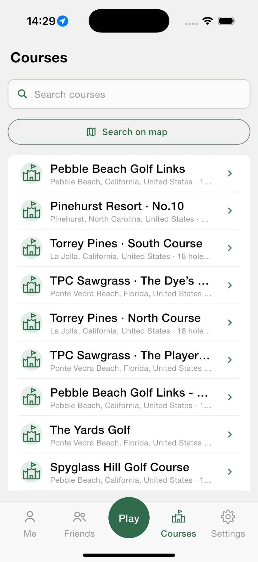 Tee.box — Courses screen